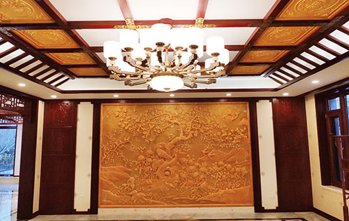 运城中式别墅客厅中式木作横梁吊顶装饰展示